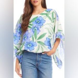 Karen Kane Blue Floral Print Linen Poncho Tunic Lined 2X Relaxed Beach Vacation